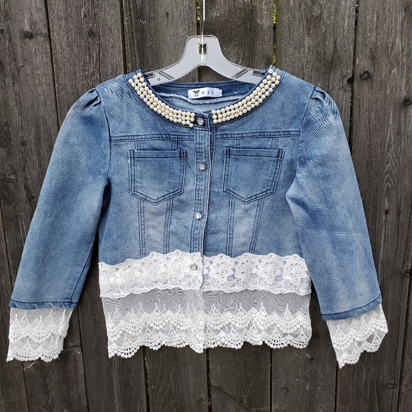 Womens Denim Collar Beads Jacket L (M) Blue Layer - Picture 4 of 8